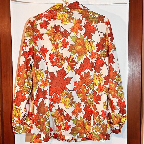 Vintage Retro Fall Leaves Big Collar Groovy Button Shirt M/L - Picture 2 of 8